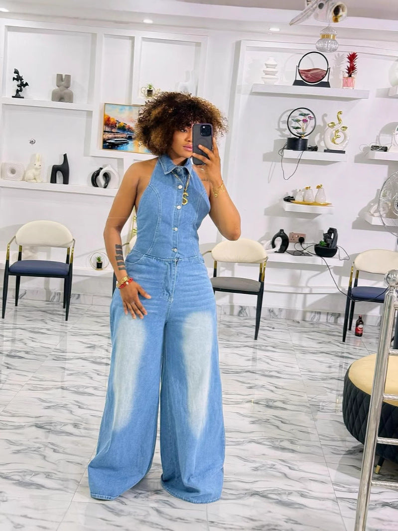 Women summer turndown collar Halter Neck backless denim jumpsuit 8
