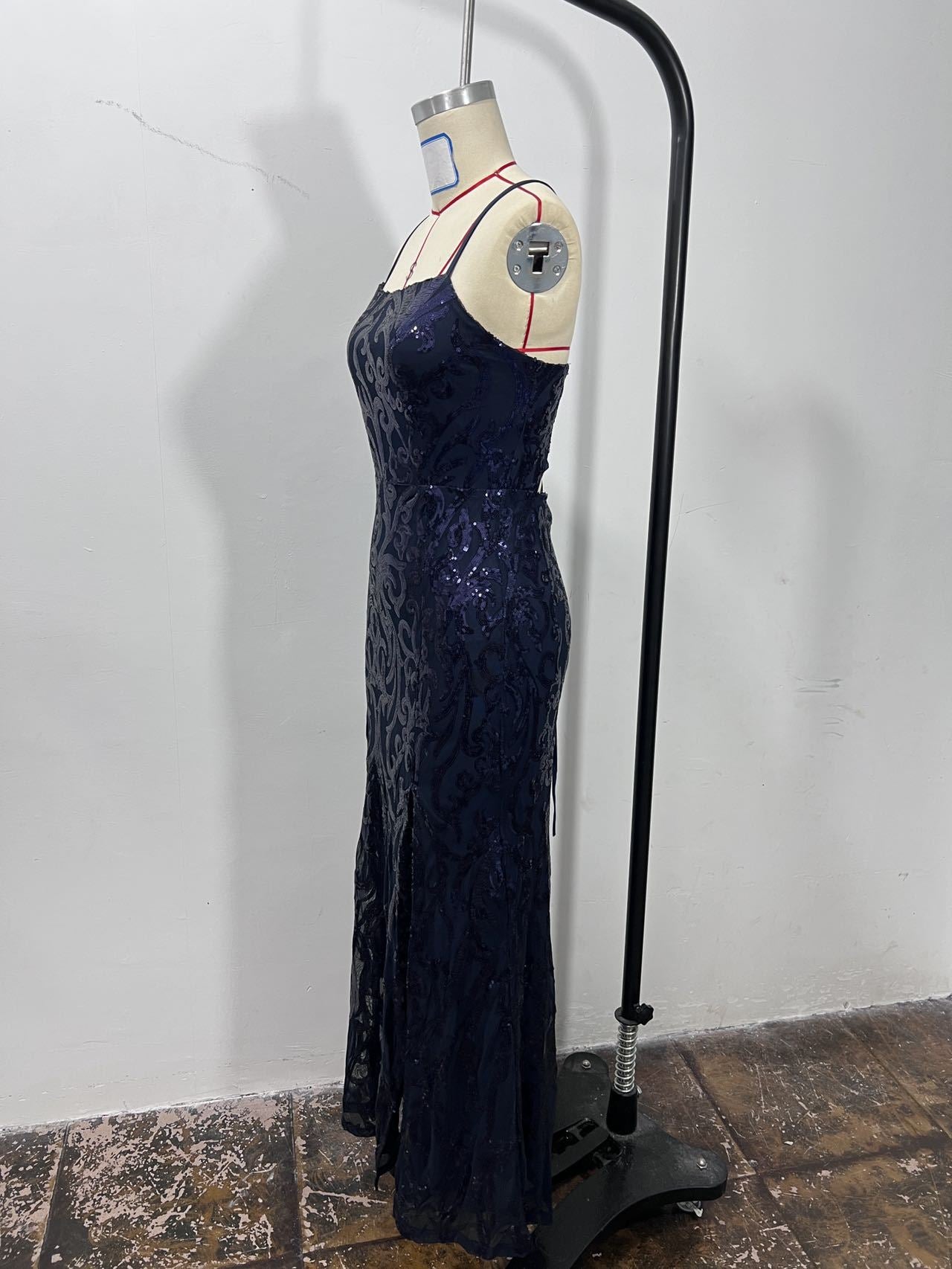 Women Sexy Sequined Suspender Backless Slit Evening Dress 13