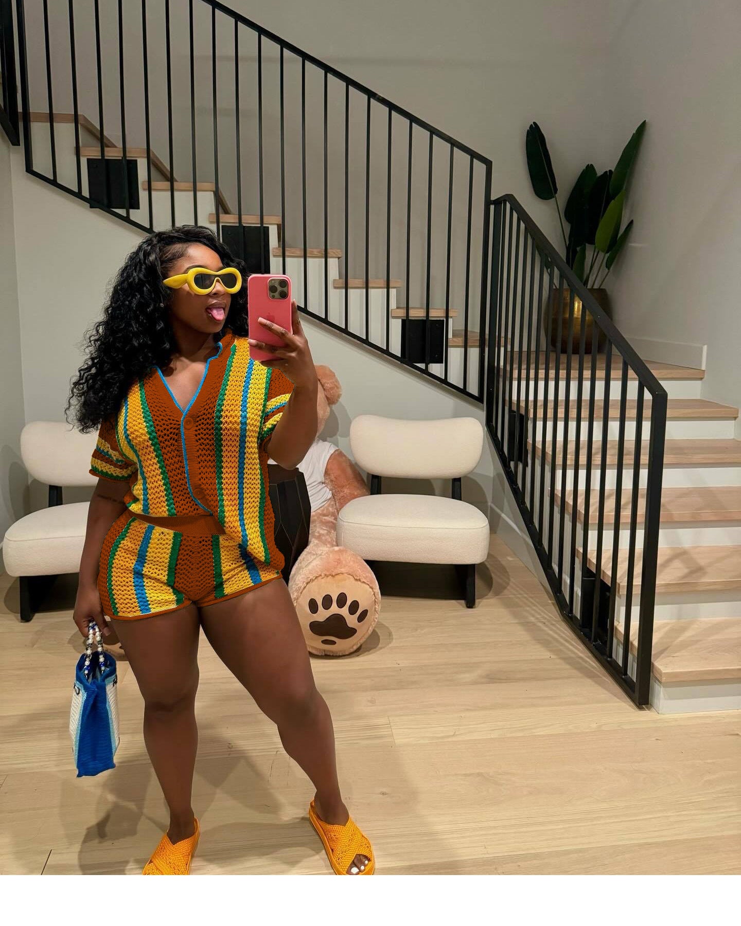 Women's Sexy Hollow See-Through Turndown Collar Knitting Two Piece Shorts Set 41