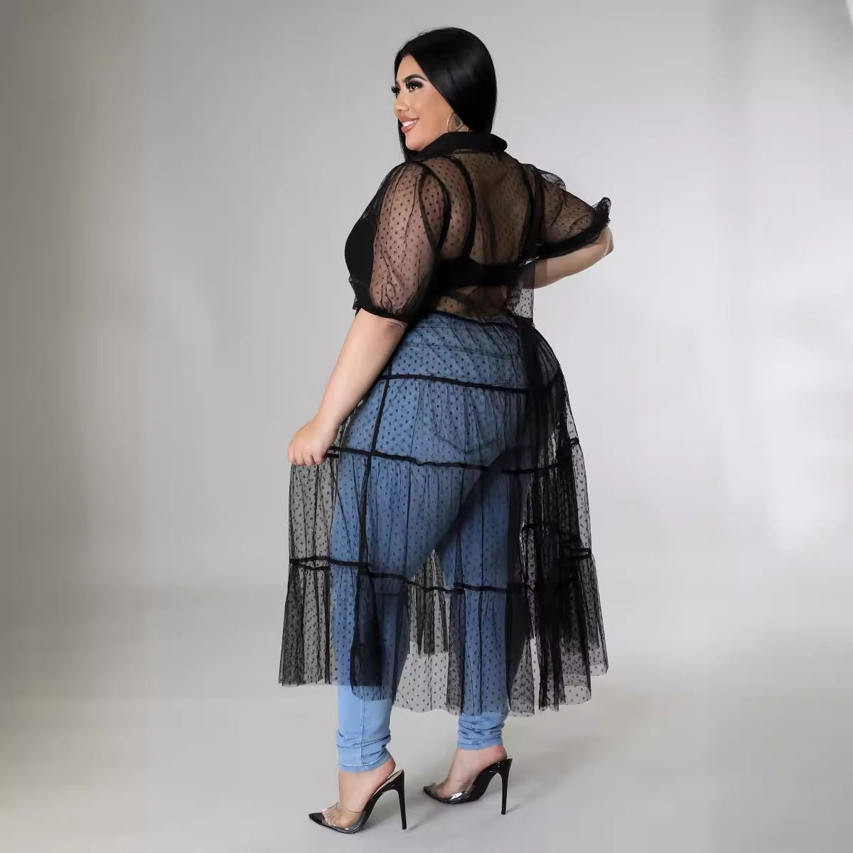 Plus Size Women Polka Dot Mesh Pleated Casual Dress