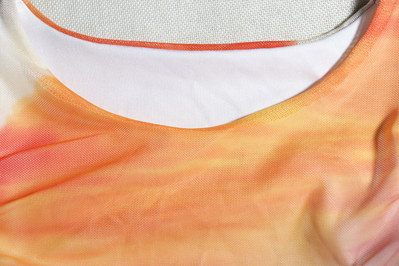 Fashion Printed Round Neck Sleeveless Mesh Patchwork Bodycon Casual Trendy Women's Dress 14