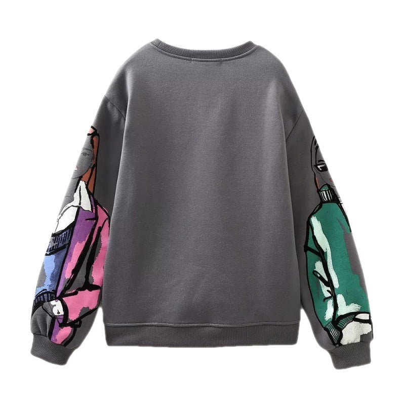 Autumn And Winter Women's Warm Fleece Round Neck Loose Printed Sweatshirt 6