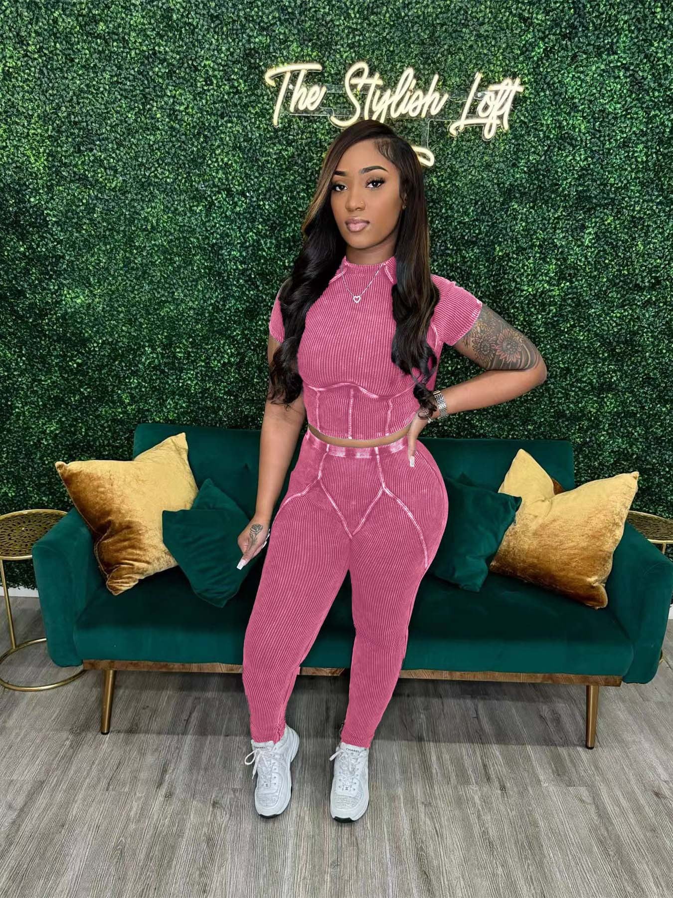 Women washed Ribbed short-sleeved top and trousers two-piece set