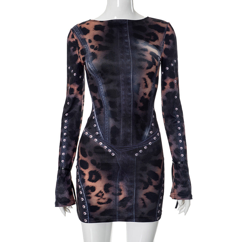 Women's Fashion Print Slim Long Sleeve Bodycon Short Dress 4