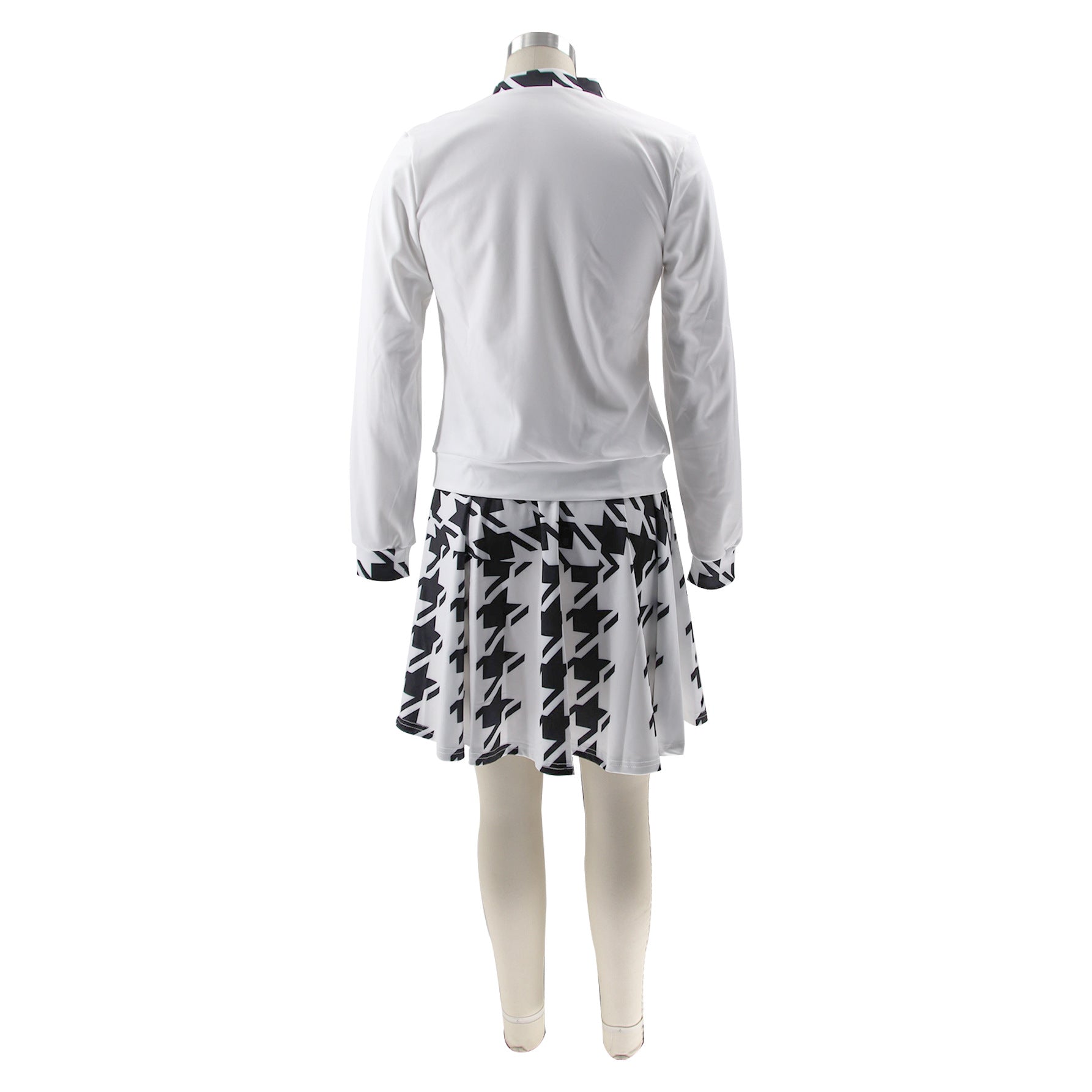 Women Casual Houndstooth Print Long Sleeve Top and Mini Skirt Two-piece Set 12