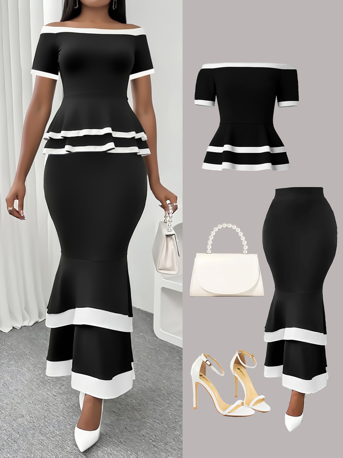 Women Elegant Colorblock Off-Shoulder Top and Skirt Two-Piece Set 3