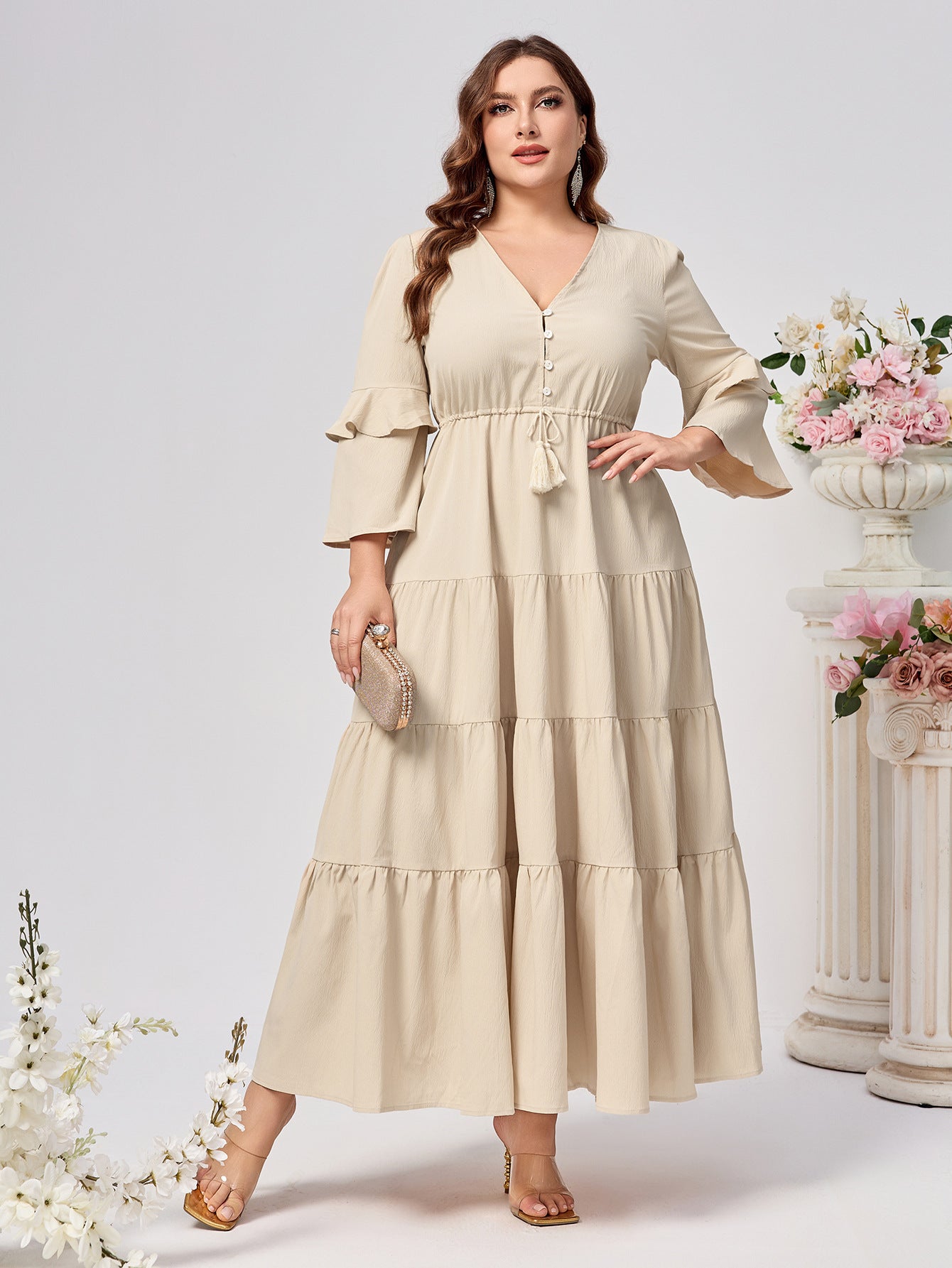 Plus Size Women V-neck Solid Dress 3