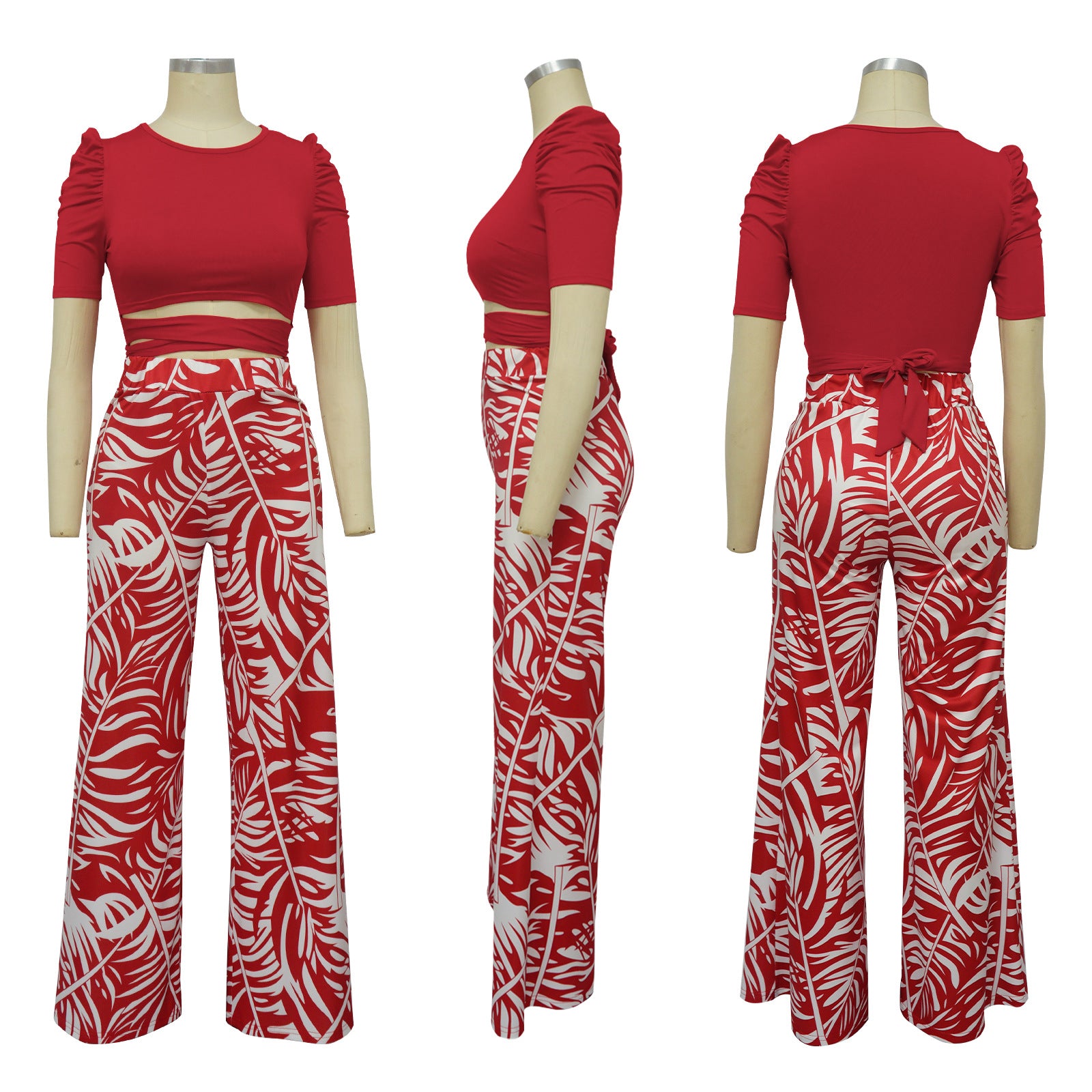 Women's Summer Round Neck Belted Printed Wide Leg Pants Casual Set 17