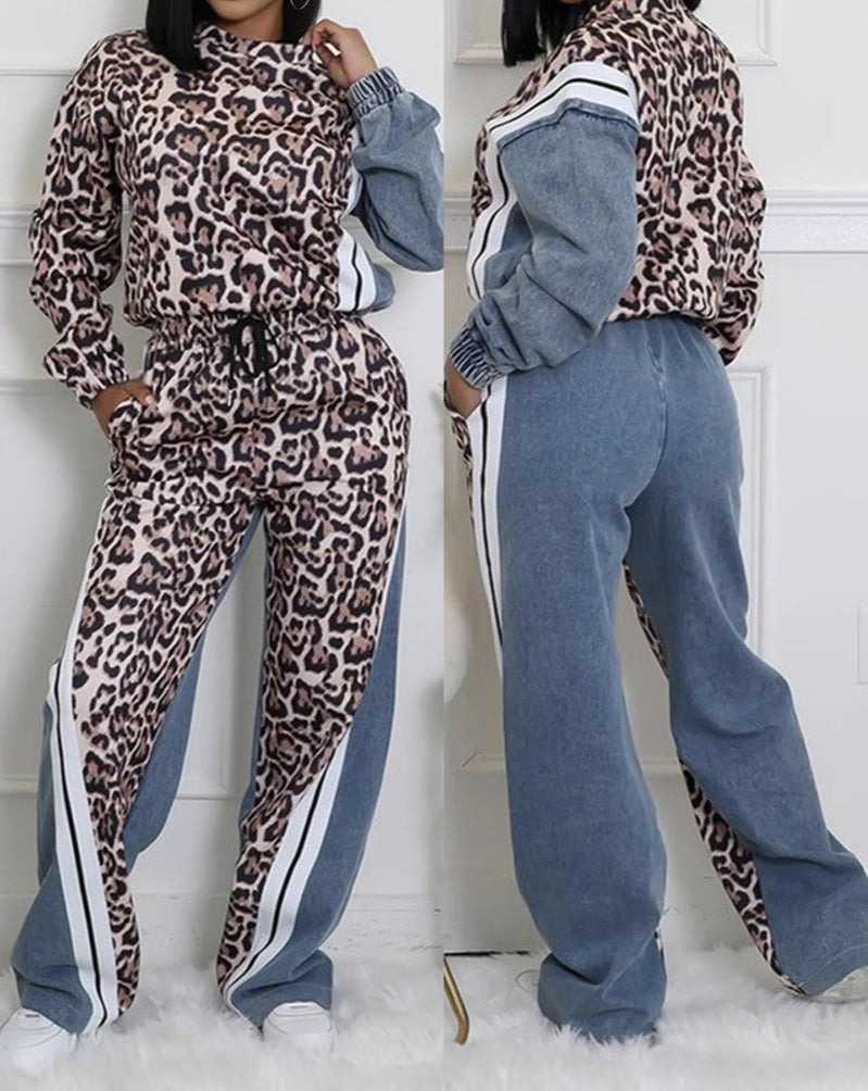 Women Spring and Autumn Leopard Print Striped Colorblock Top and Pants Two-Piece Set