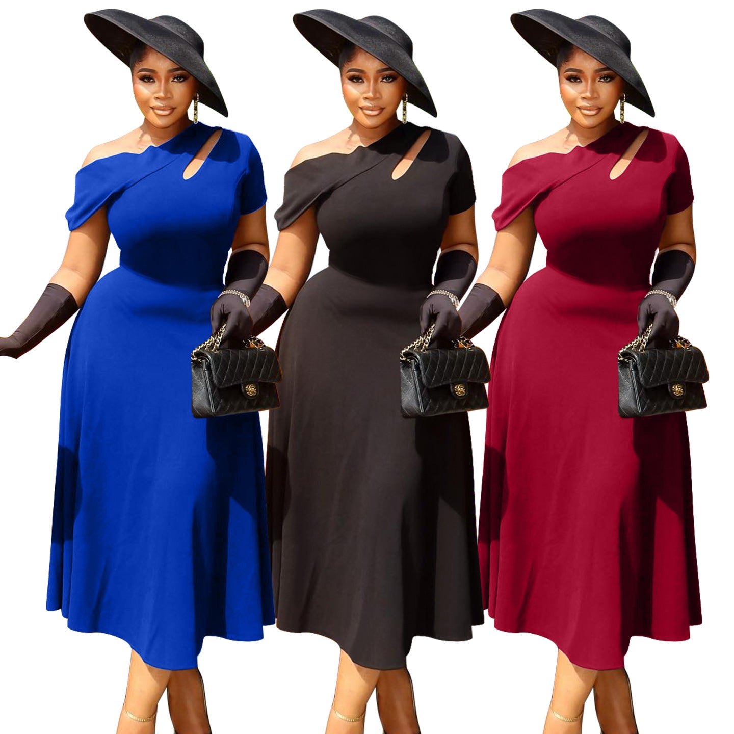 Summer Fashion Women's Slash Shoulder Cut-Out Solid Slim Waist Long Dress 13