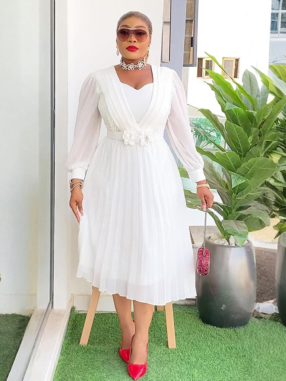 Chic Career Slim Waist Pleated A-Line Chiffon Dress 8