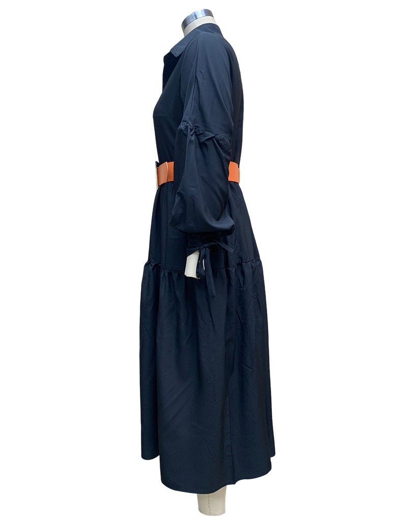 Spring Women's Fashion Chic Turndown Collar Long Sleeve Casual Midi Dress 17