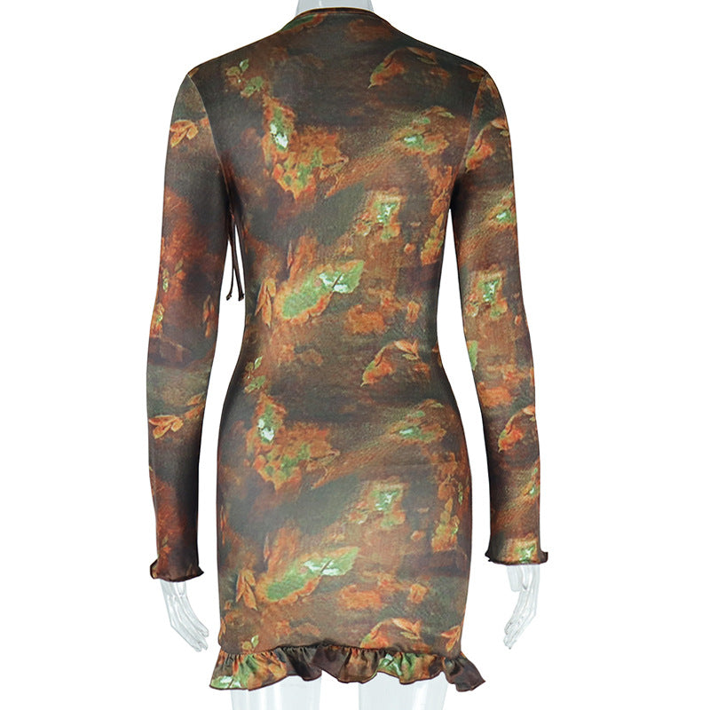 Fashion Printed Retro Long Sleeve Round Neck Hollow Lace-Up Bodycon Women's Dress 7