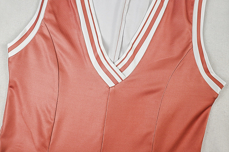 Women Patchwork Pleated V-Neck Sleeveless Dress 11