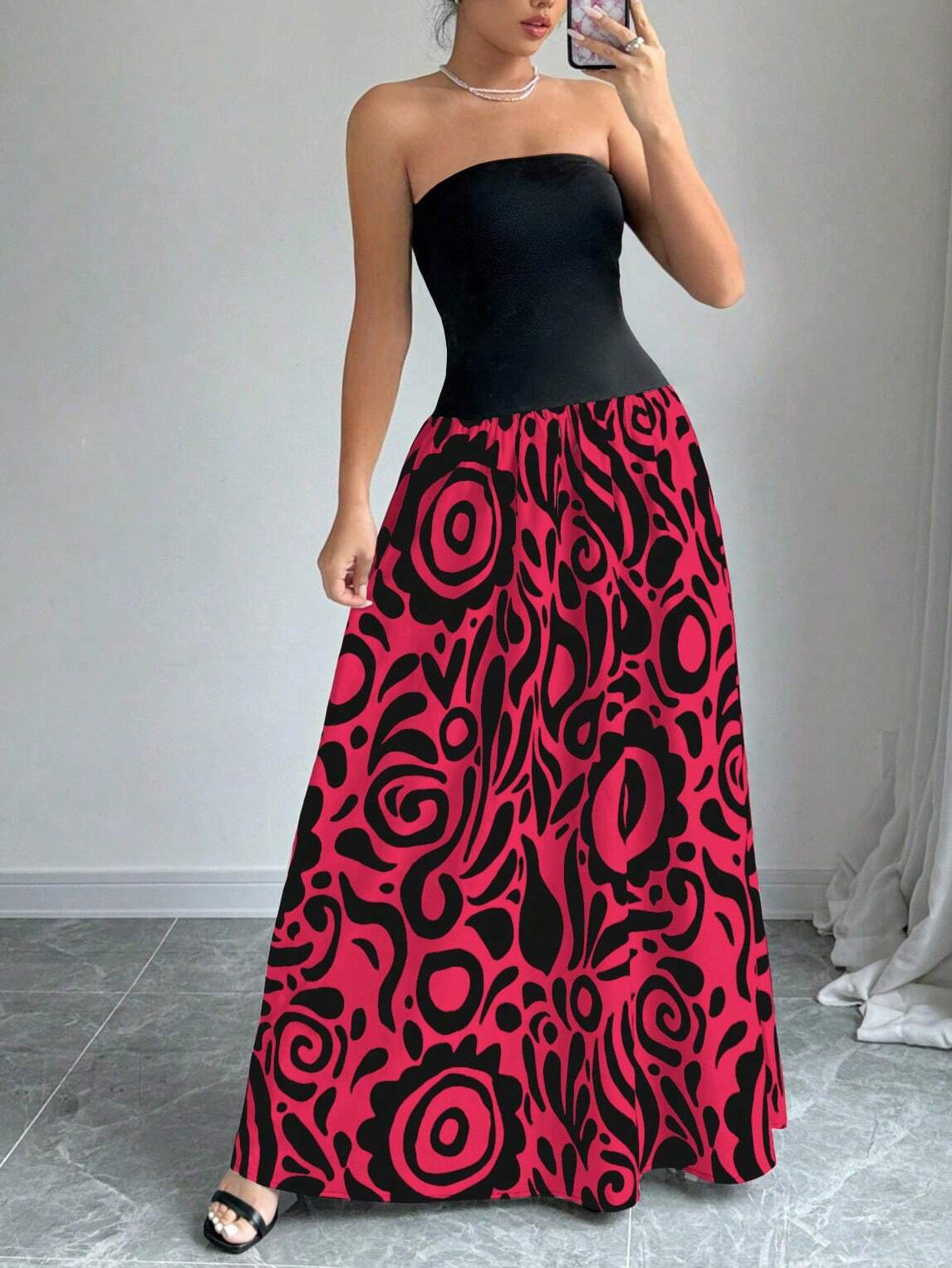 Women Patchwork Geometric Print Backless Strapless Dress 8