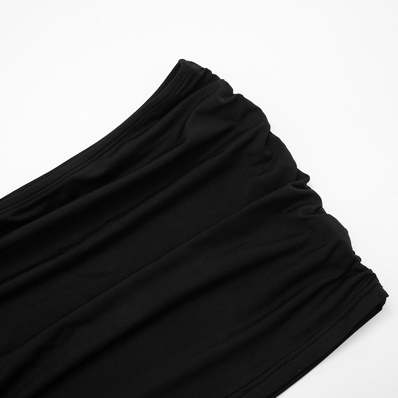 Women Autumn/Winter Cross-Gathered Double-Collared Top and See-Through Mesh Skirt with Three-Piece Knee Pads 25