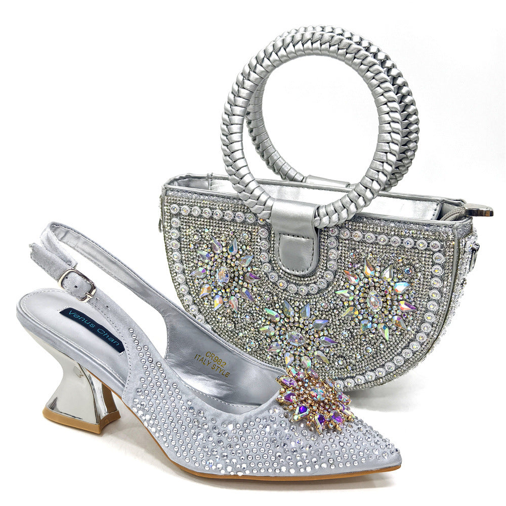 Popular Shoe And Bag Set Combination Women's Pointed Toe Sandals Crystal Buckles Wrist Braided Bag 13