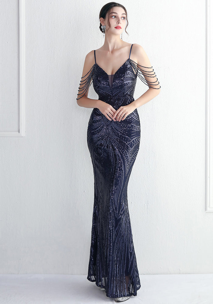 Plus Size Beauty Elegant Sequins straps V-neck Formal Party Evening Dress