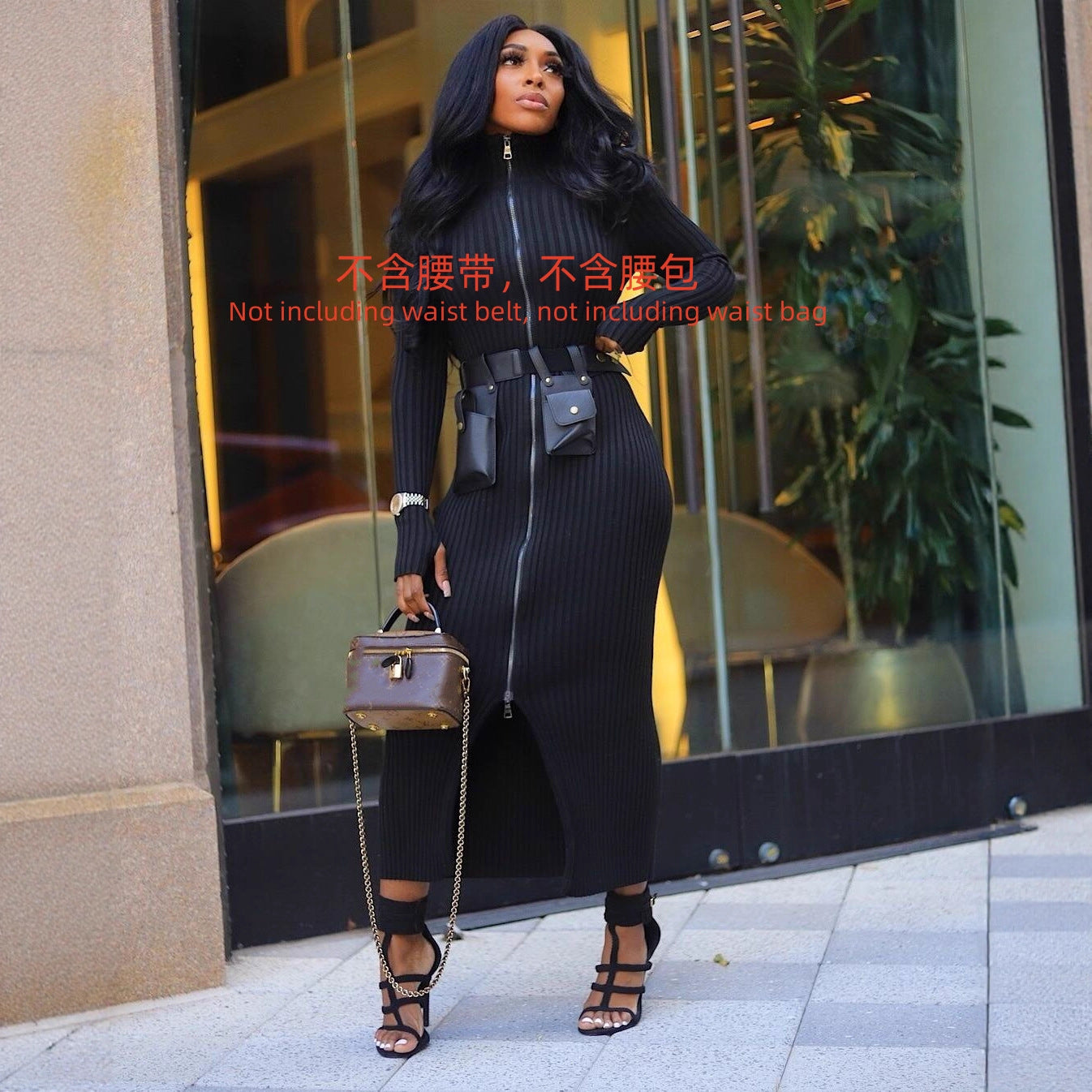 Women Ribbed Thumb-Button Long-Sleeved Sexy Zipper Dress 4