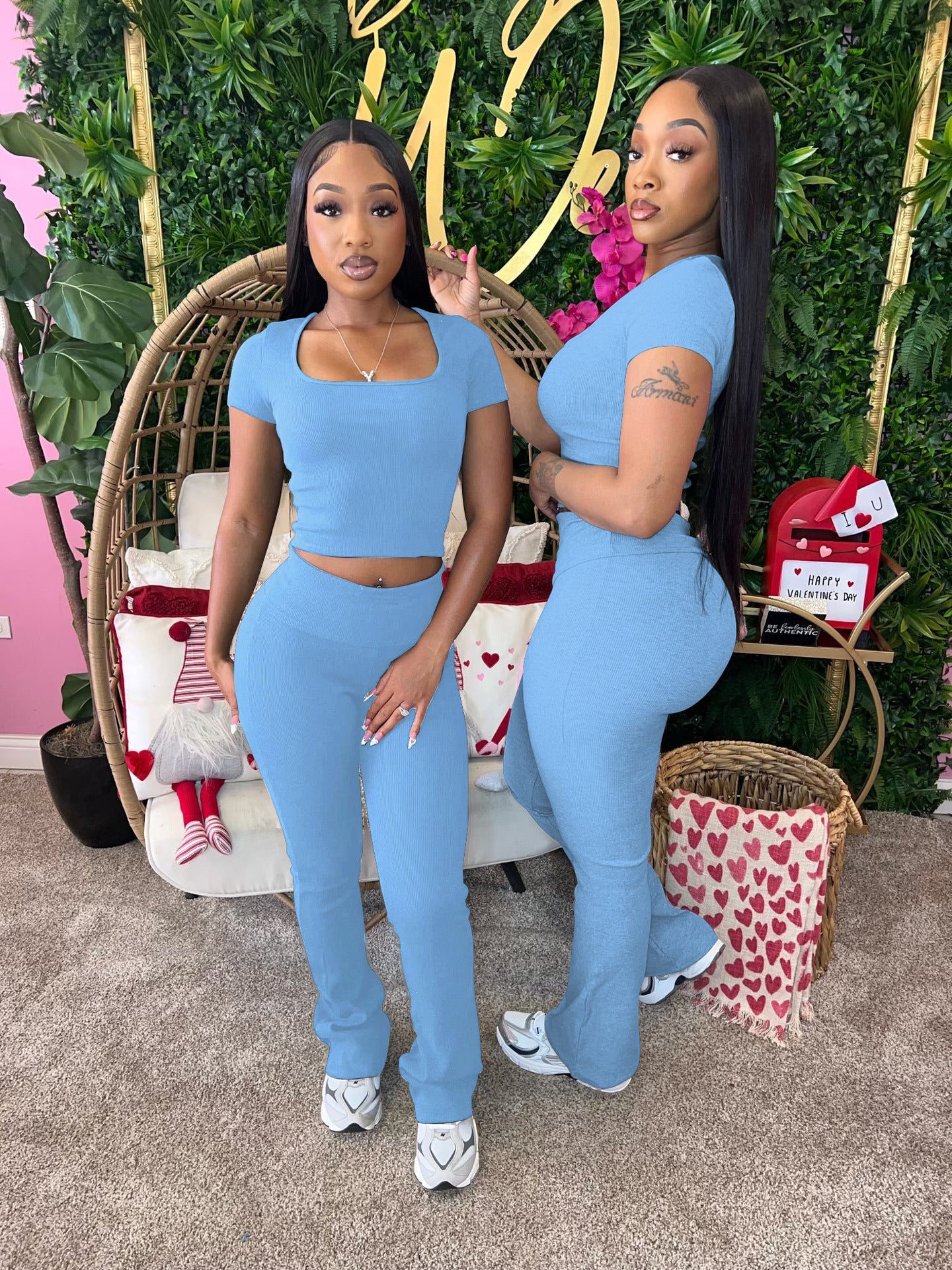 Women Summer Ribbed U-neck Short Sleeve Top and Pant Two-piece Set 5