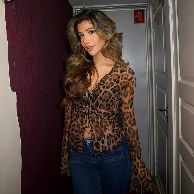 Women Sexy Leopard Print Long-Sleeved V-Neck Lace-Up See-Through Shirt Top