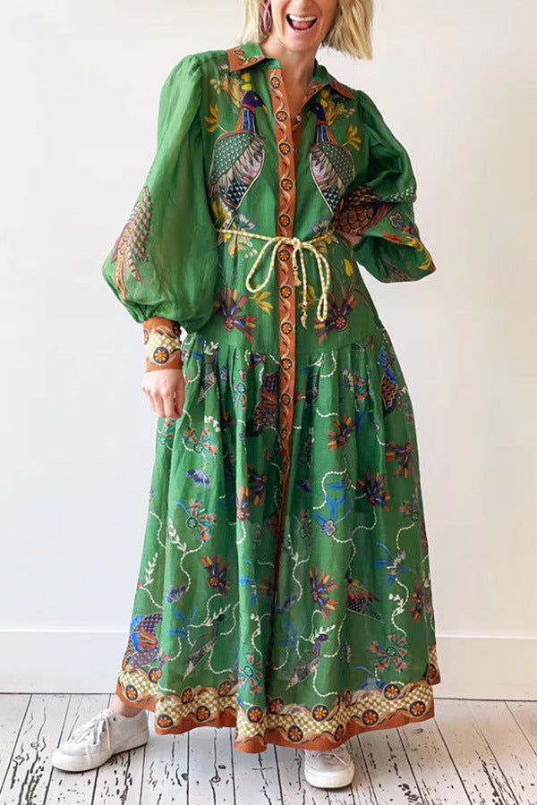 Autumn Printed Printed Long Sleeve Button Up Long Dress For Women 5