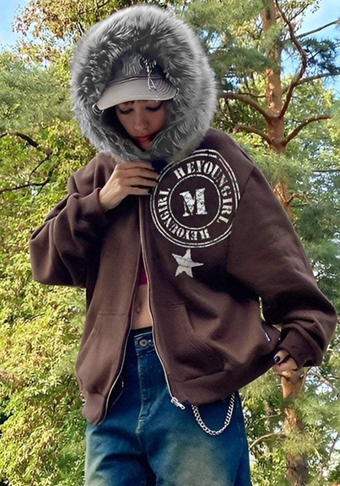 Winter Plush Hooded Badge Print Retro Jacket Loose Plus Size Casual Zipper Hoodies