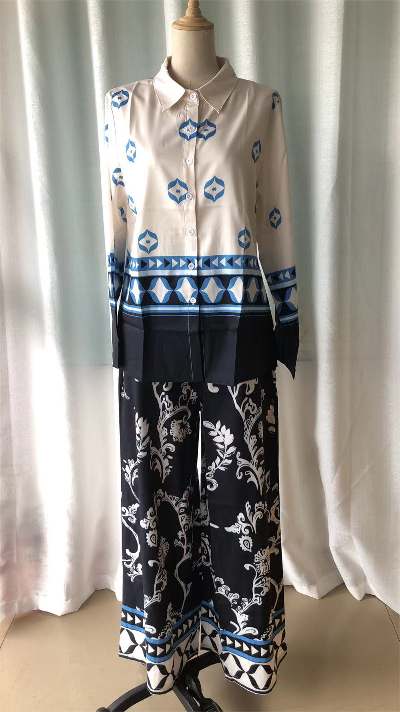 Women Print Loose long-sleeved top and wide-leg pants two-piece set 8