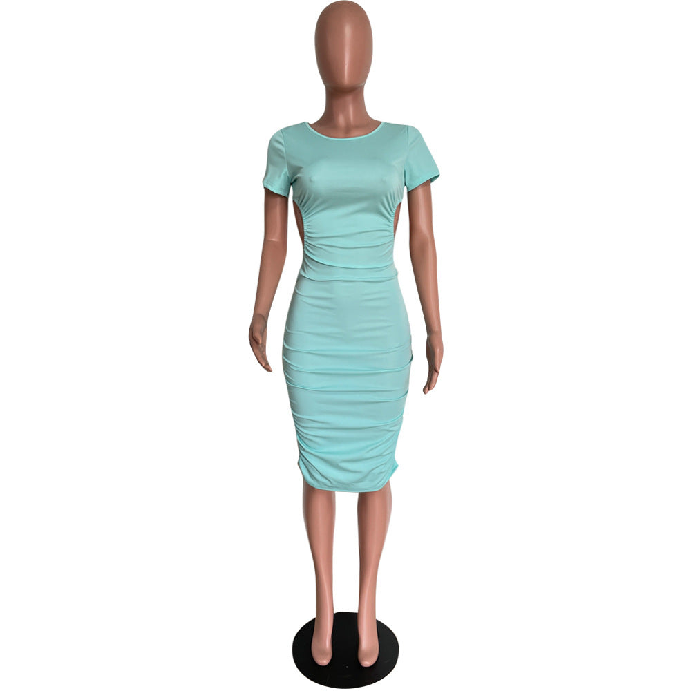 Spring Summer fashionable solid color round neck back hollow midi dress 18