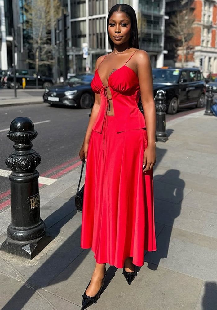 Women's Summer Sexy Lace-Up Straps Top & High-Waist Skirt Two Piece Set