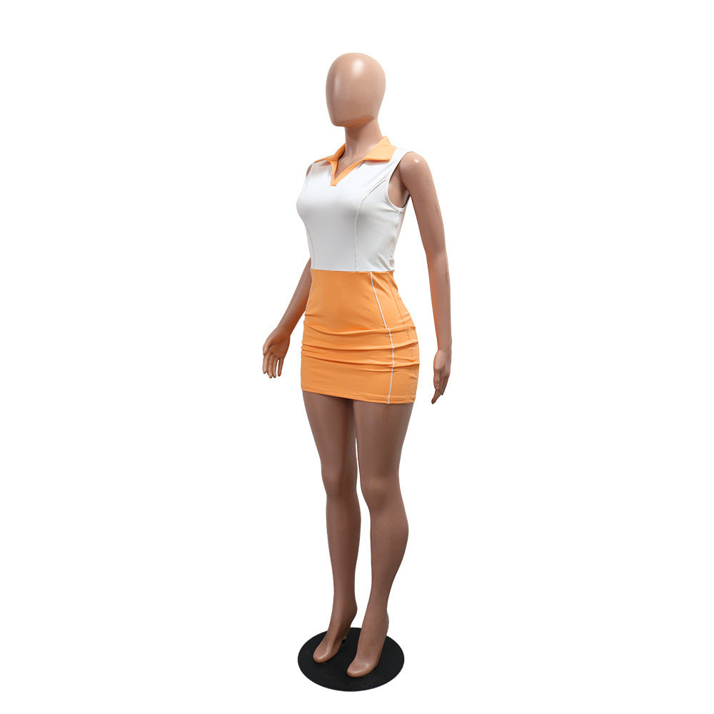 Women Turndown Collar Solid Patchwork Sleeveless Casual Sports Dress 9