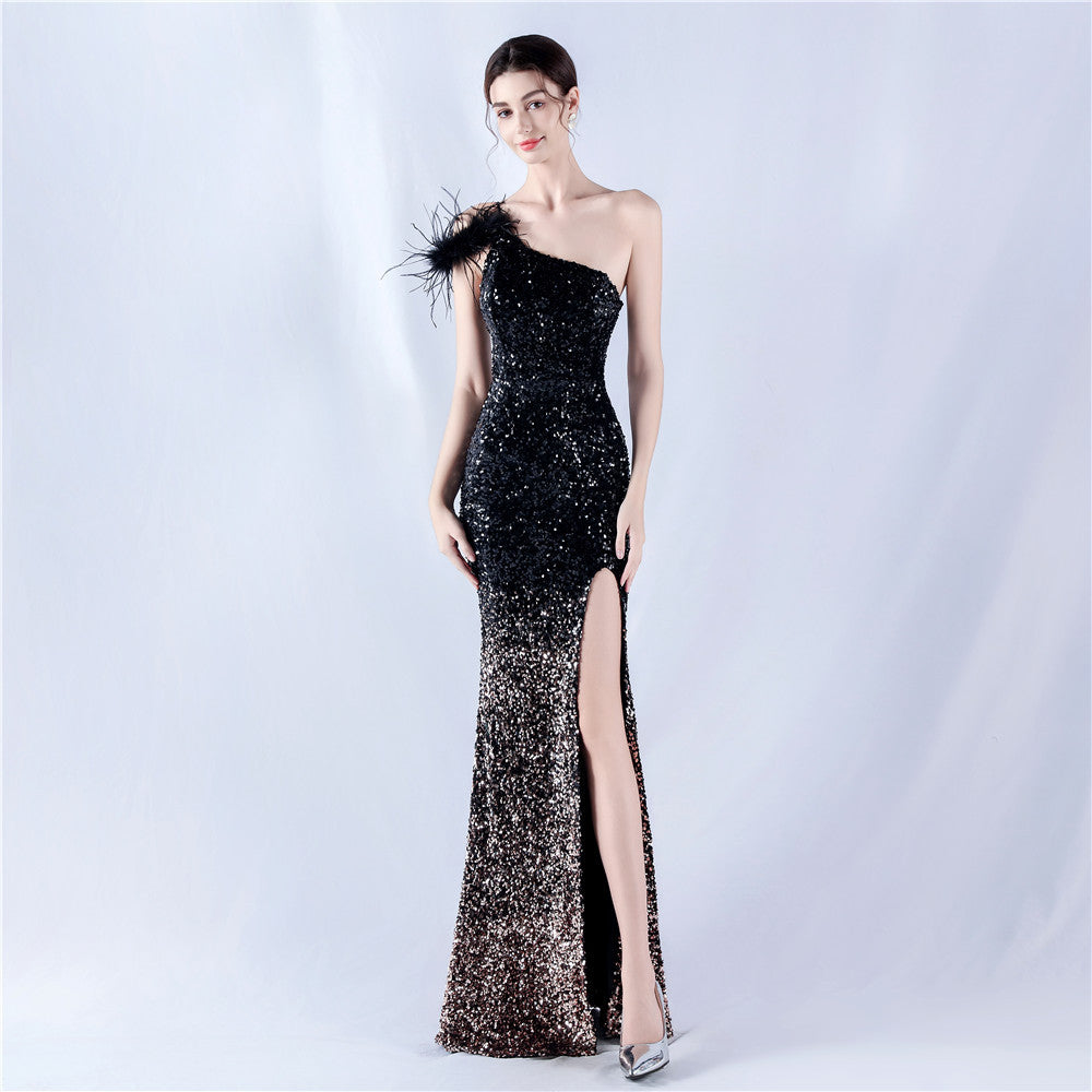 Women Gradient Velvet Bottom Beaded Ostrich Feather One Shoulder Slash Shoulder Slit Evening Dress 9
