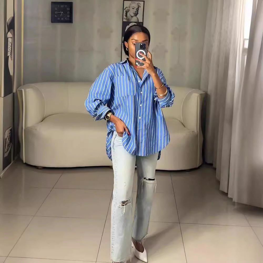Spring Casual Blue And White Striped Career Loose Shirt 4