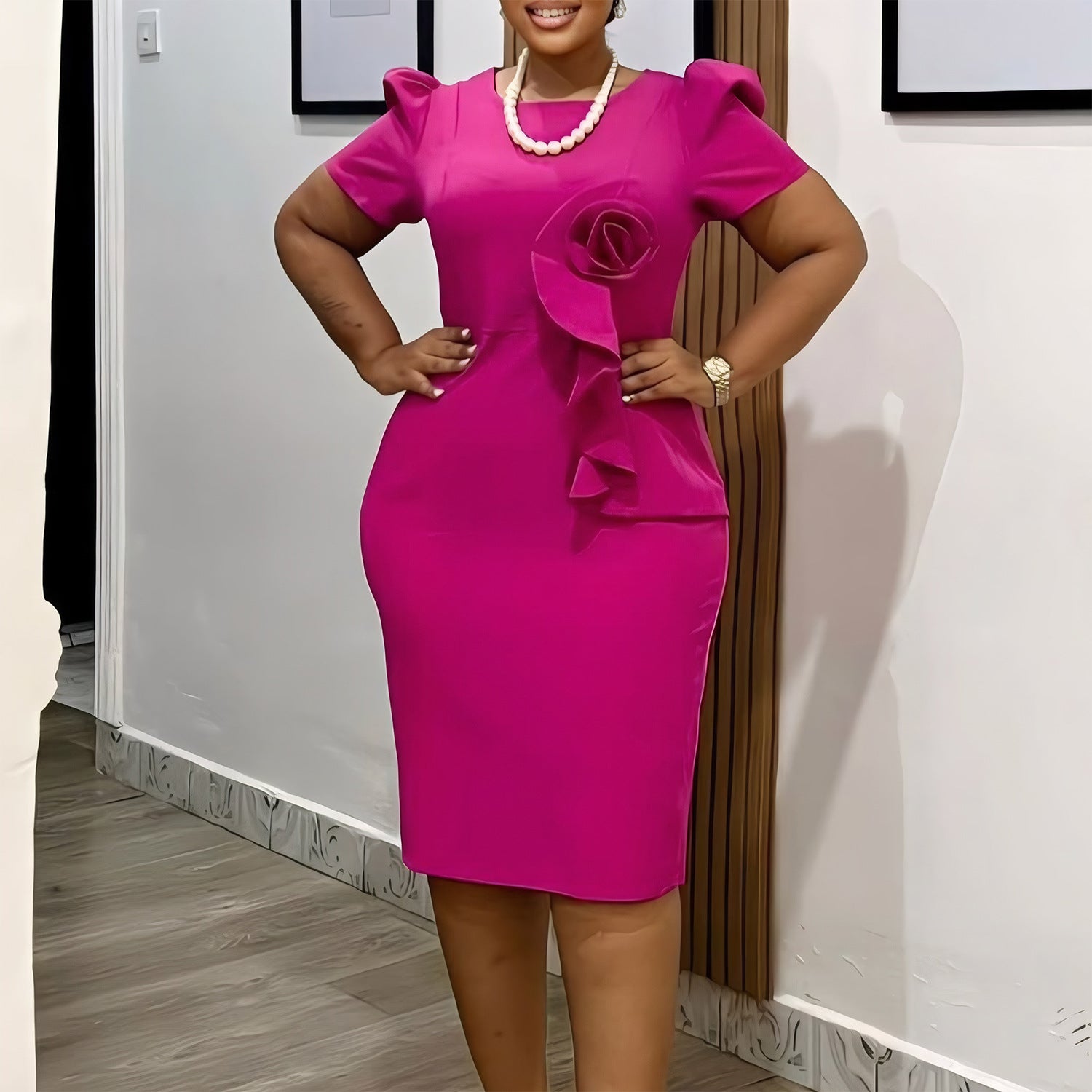 Women's fashion elegant bodycon ruffle solid color short sleeve African dress 3