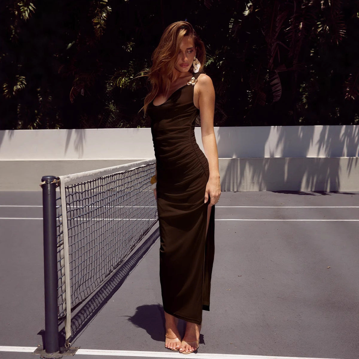 Women Strapless Sleeveless Pleated Bodycon Slit Maxi Dress