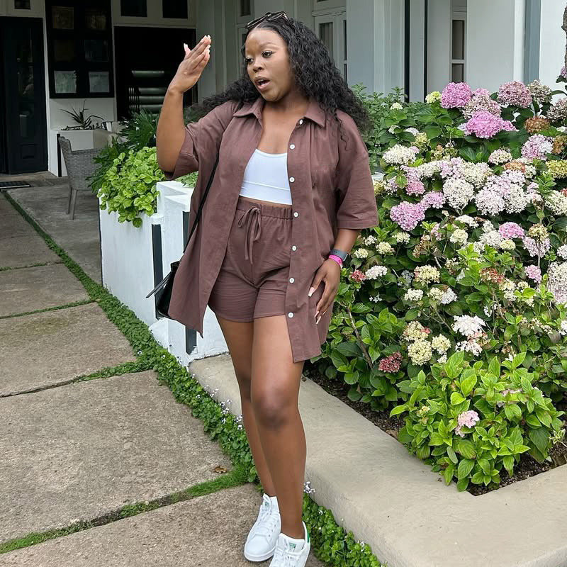 Women African Casual Short Sleeve Shirt Shorts Two-piece Set 3