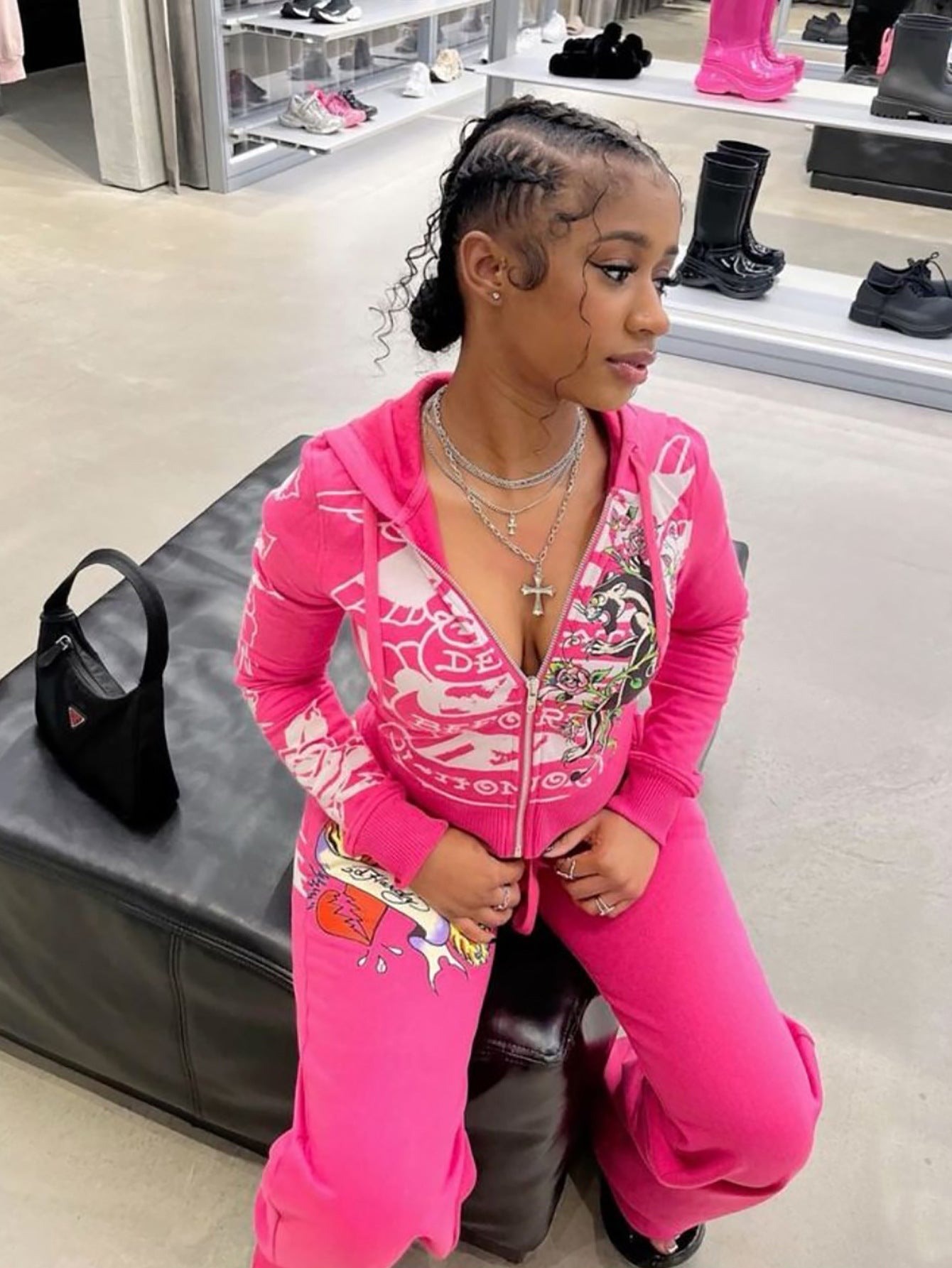 Women Printed Zipper Top and High Waist Straight Pants Two-piece Set 5