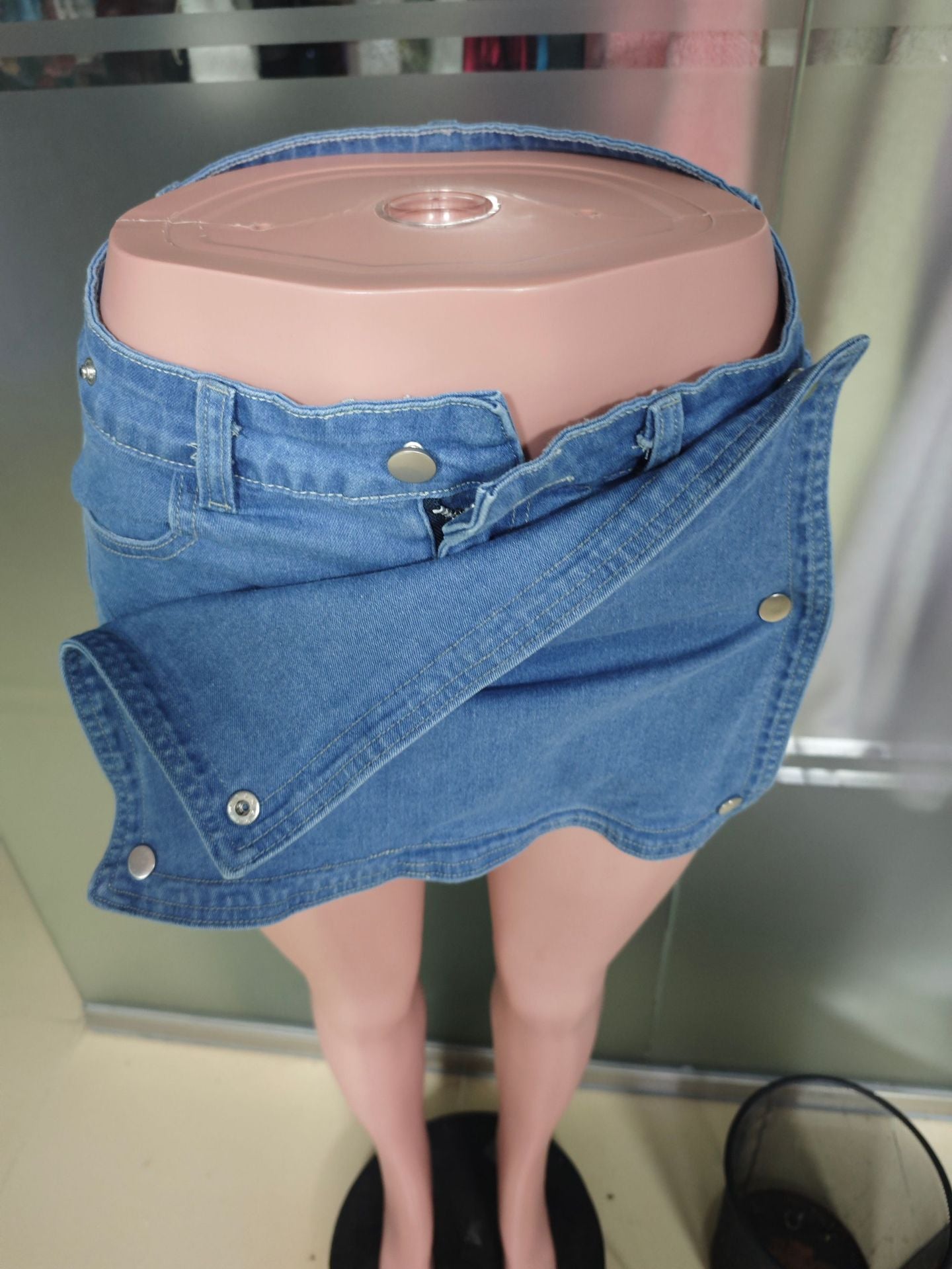 Fashion Sexy Tight Fitting Women's Trendy Solid Color Elastic Button Denim Short Skirt 7