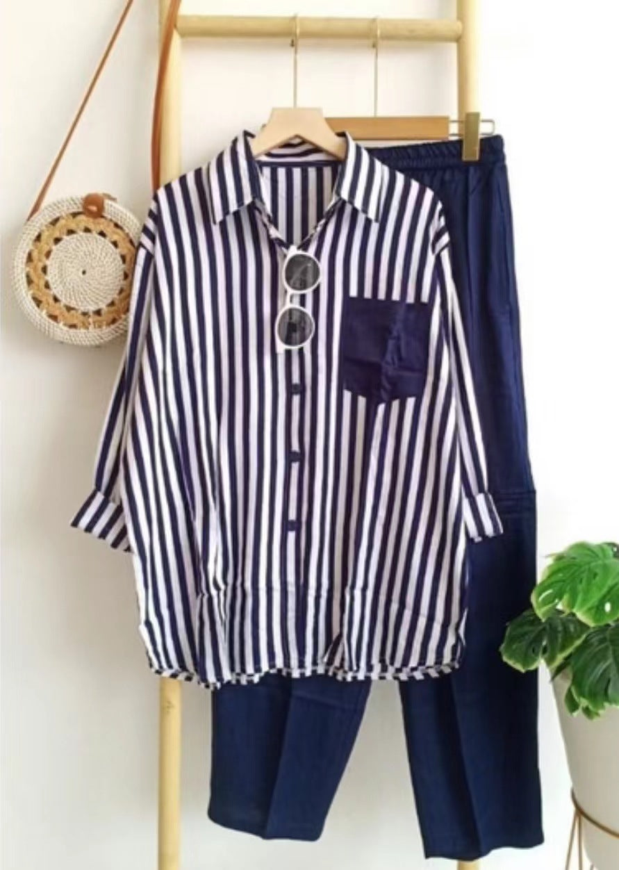 Women Striped Casual Long Sleeve Top and Long Pants Two-piece Set 4