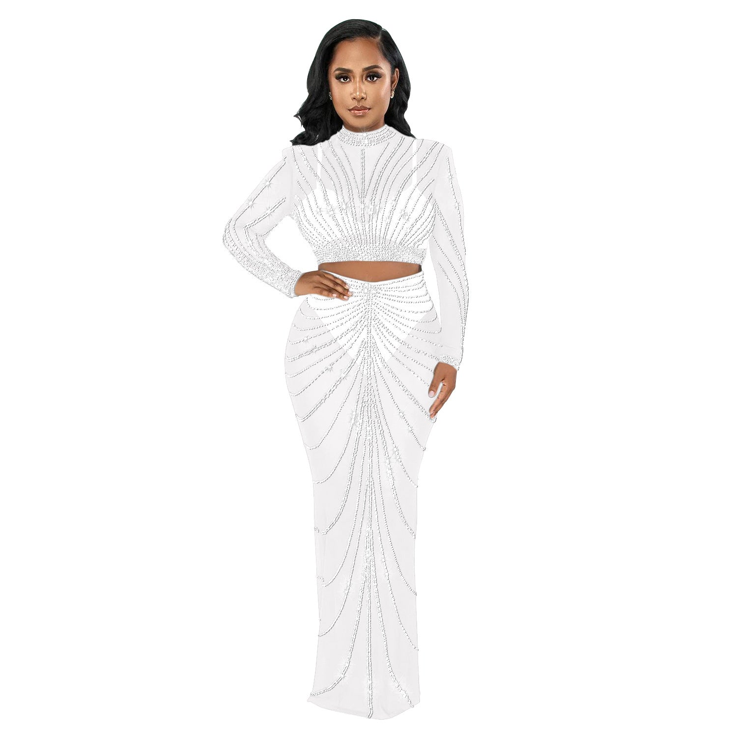 Women's Fashion Mesh Beaded See-Through Long Sleeve Long Dress Two Piece 15