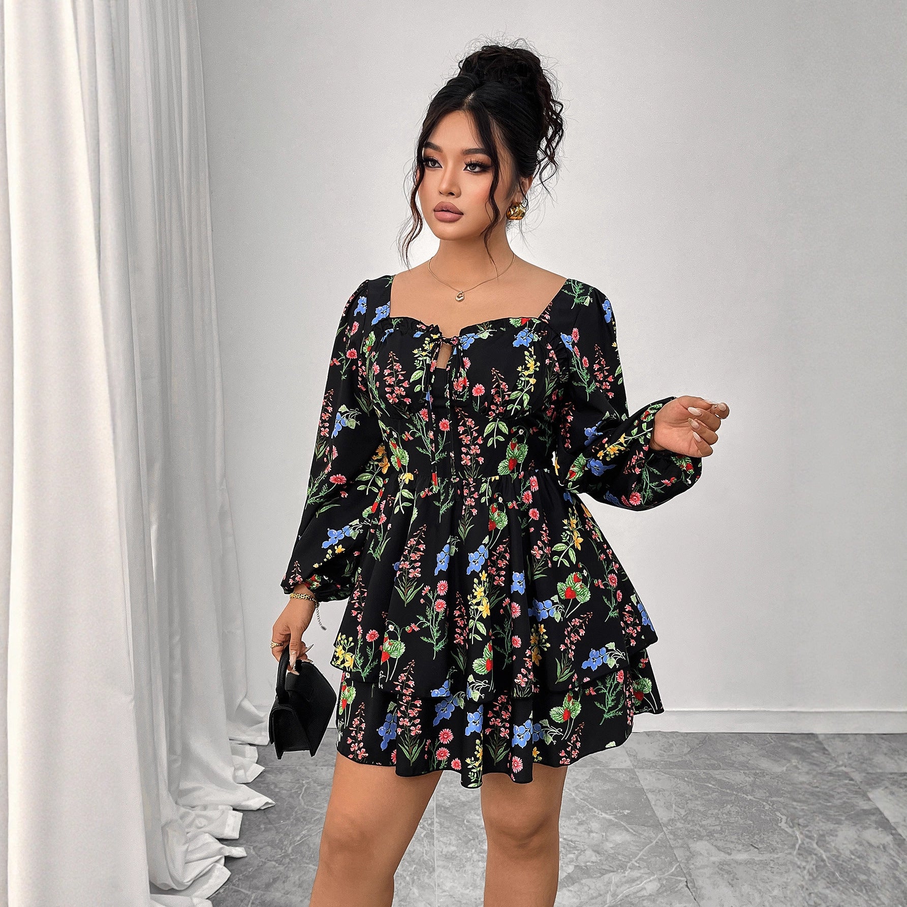 Women Printed Cascading Ruffles Square Neck Backless Sexy Puff Sleeve Dress 5