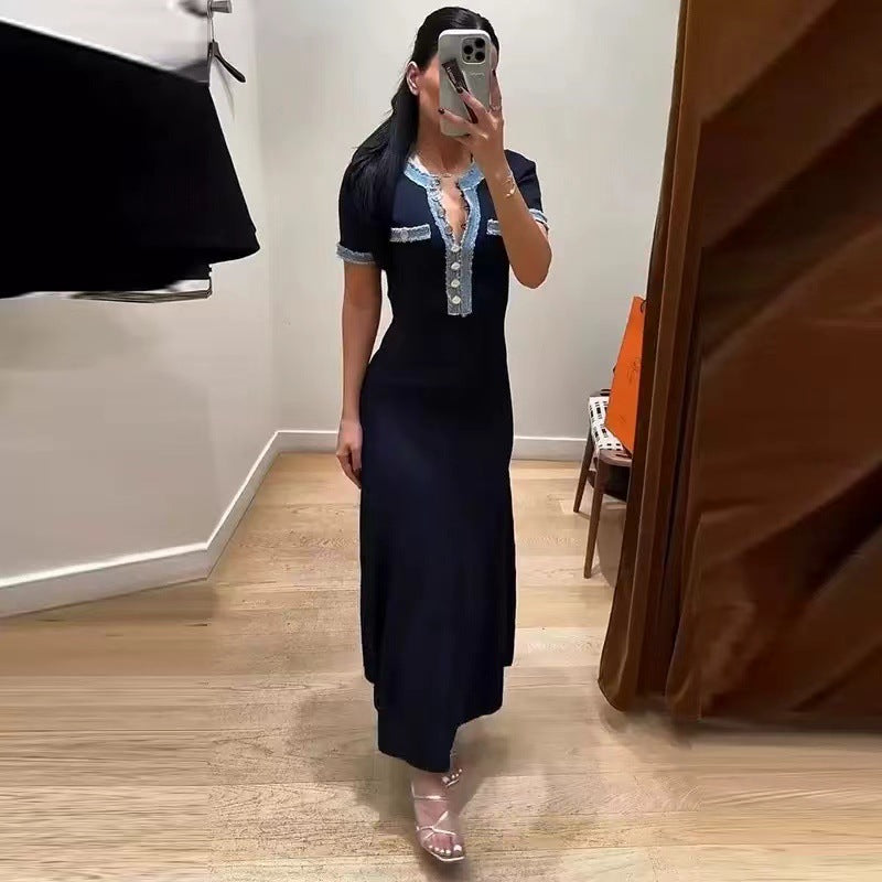 Denim Patchwork Round Neck Metal Button Slim Women's Knit Dress
