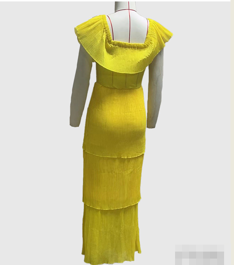 Dress Yellow Chiffon Off Shoulder Low Back Slim Beach Holidays Pleated Maxi Dress 12