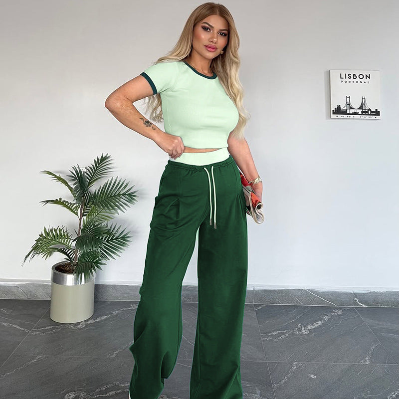 Women's Summer Color-Blocked Round Neck Short Sleeve Casual Pants Set 6