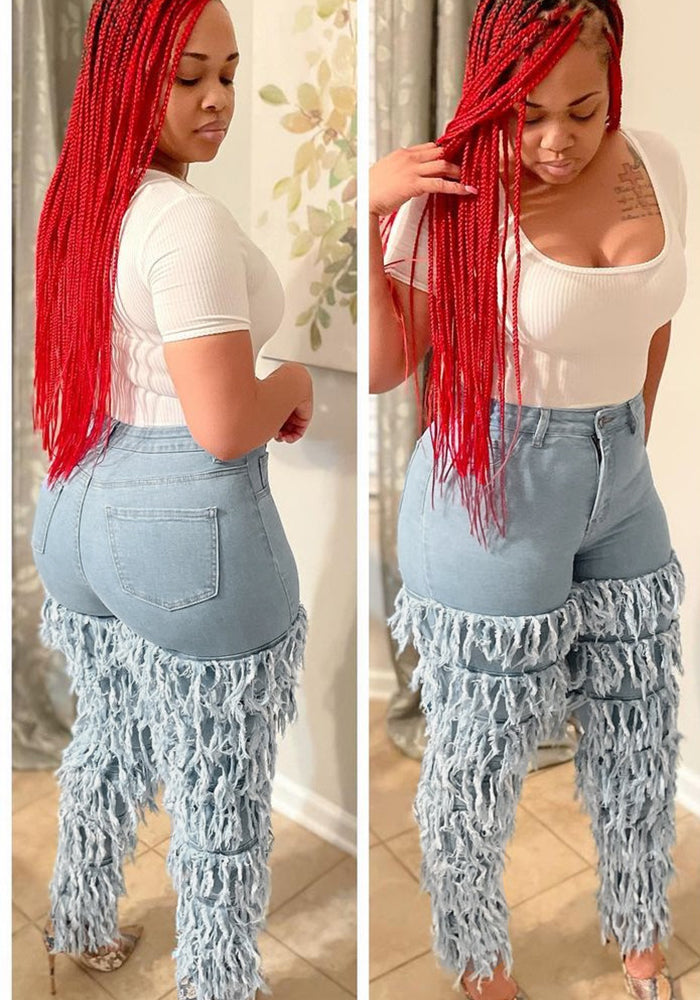 Women's Multi-Layer Frayed Washed Denim Pants