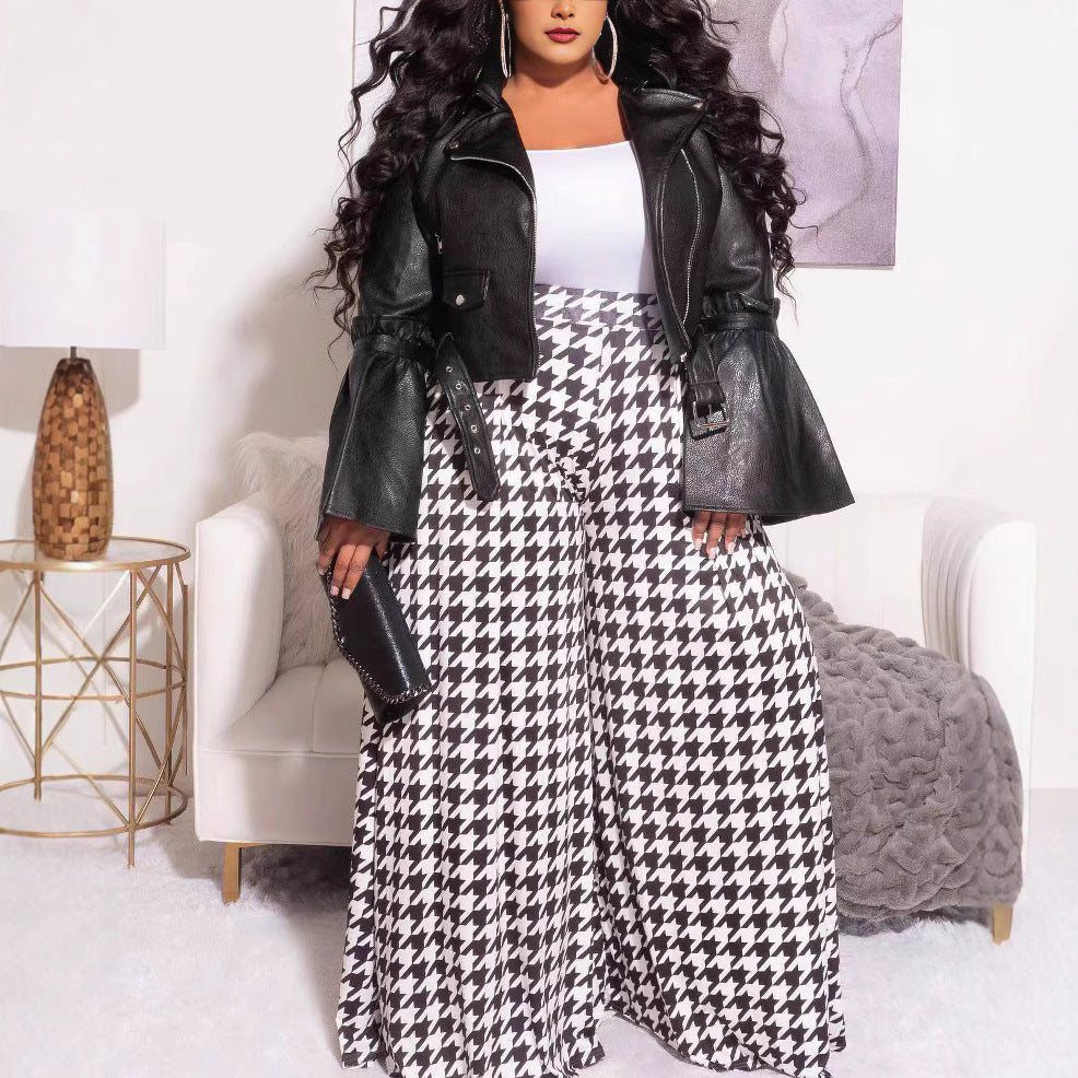 Women's Clothing Autumn And Winter Fashion Houndstooth Plus Size Wide-Leg Pants Women