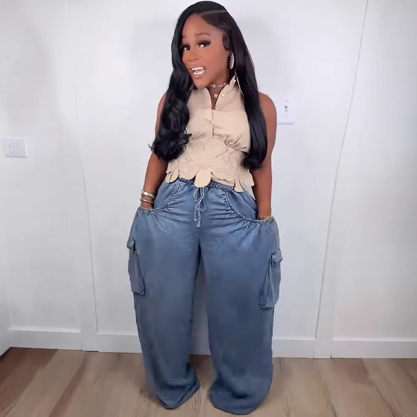 Women's Casual Denim Pants Elastic Waist Drawstring Multi-Pocket Straight Jeans 5