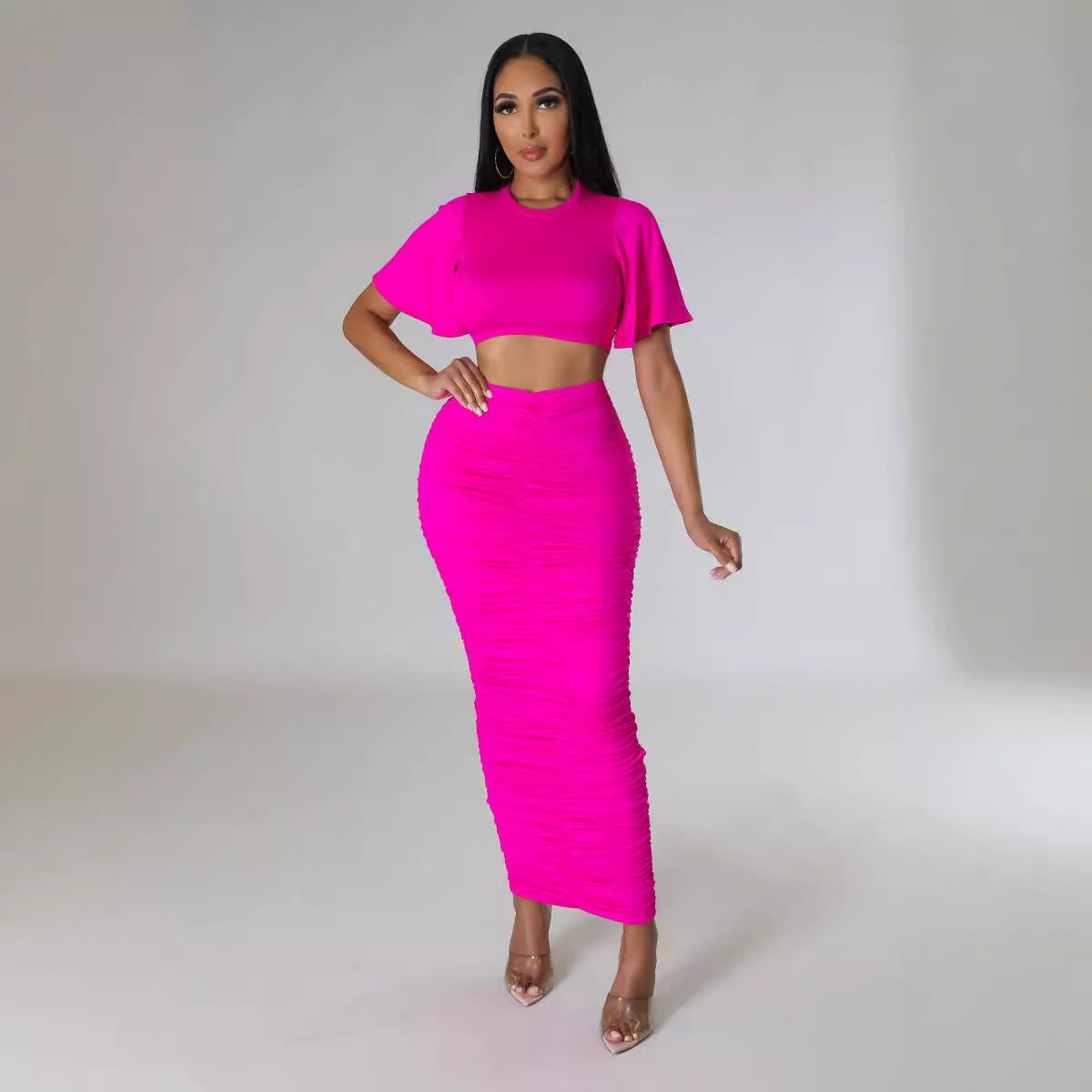 Solid Color Sexy Short-Sleeved Crop Top Slim Long Skirt Two Piece Set 5