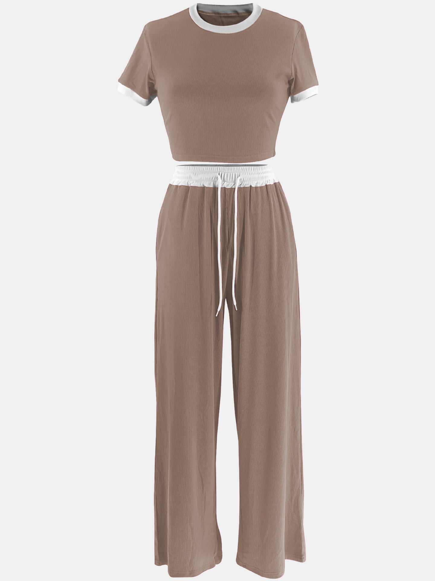 Women's Casual Street Contrast Color Round Neck Short Sleeve Two Piece Pants Set 17