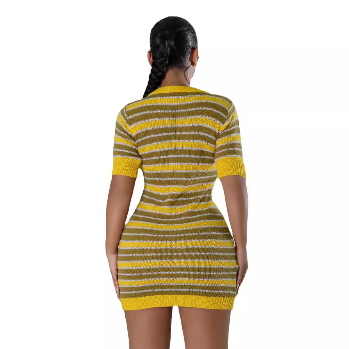 Women Round Neck Striped Knitting Short Sleeve Dress 6
